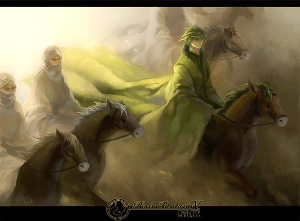 Anime picture 1400x1029 with original pixiv fantasia pixiv fantasia v naked cat short hair green eyes green hair inscription letterboxed dust riding animal mask horse arabian clothes