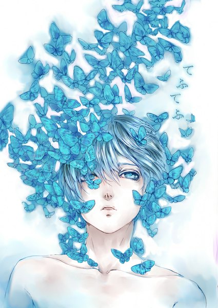 Anime picture 708x1000 with original tagme (artist) single tall image short hair blue eyes simple background white background bare shoulders silver hair looking up face boy insect butterfly