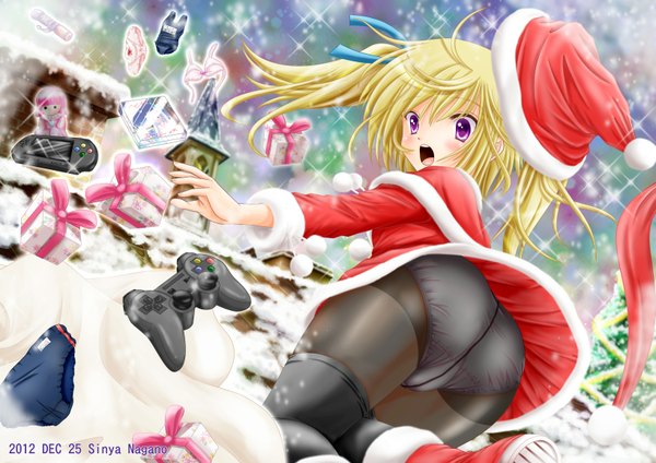 Anime picture 1637x1158 with original sony nagano sinya single blush short hair open mouth light erotic blonde hair twintails purple eyes ass looking back sparkle dutch angle fur trim christmas winter snow girl