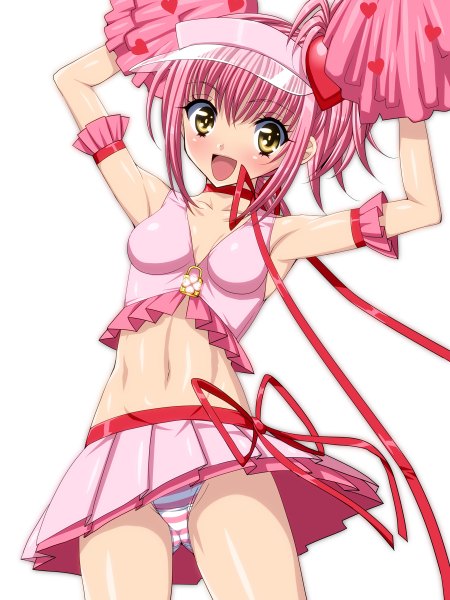 Anime picture 900x1200 with shugo chara! hinamori amu amulet heart sen (sansui) single tall image looking at viewer blush short hair open mouth light erotic simple background white background yellow eyes pink hair midriff cheerleader girl skirt navel