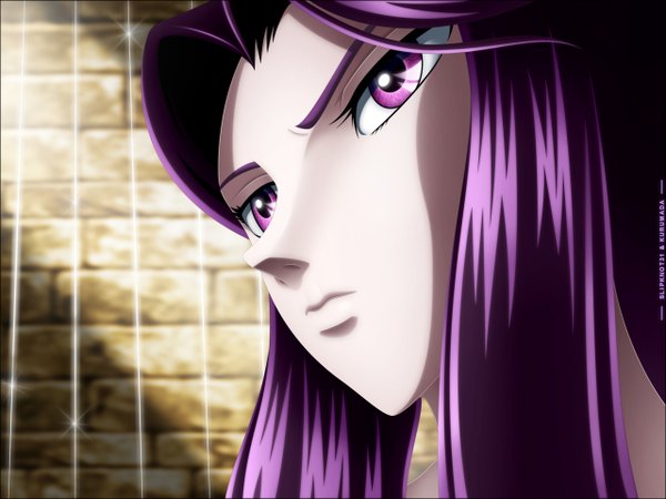 Anime picture 1280x960 with saint seiya toei animation pandora (saint seiya) slipknot31 single long hair purple eyes purple hair coloring portrait light face girl wall