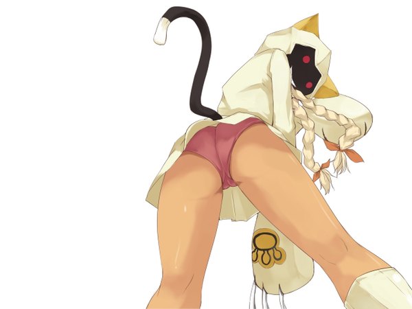 Anime picture 1280x960 with blazblue taokaka single long hair light erotic simple background blonde hair smile red eyes white background twintails animal ears ass braid (braids) animal tail looking back cat tail girl underwear panties