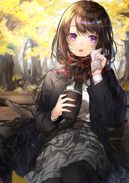 Anime picture 800x1132 with original otoufu (gotouhu) single long hair tall image open mouth brown hair sitting purple eyes signed looking away outdoors plaid skirt autumn girl skirt uniform plant (plants) school uniform tree (trees)