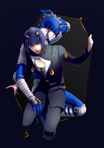 Anime picture 600x850 with jojo no kimyou na bouken bruno buccellati sticky fingers (stand) joka (night gate) tall image fringe short hair simple background purple eyes blue hair looking away tattoo blue background bob cut boy hair ornament