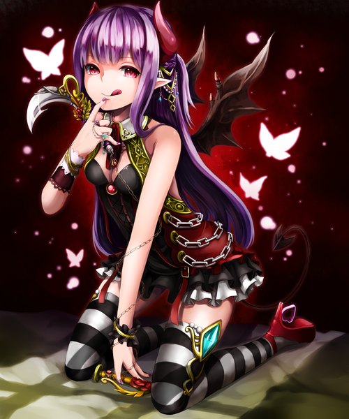 Anime picture 2500x3000 with original akira ry0 single long hair tall image highres smile red eyes purple hair tail nail polish horn (horns) pointy ears high heels kneeling finger to mouth :p demon tail demon wings girl