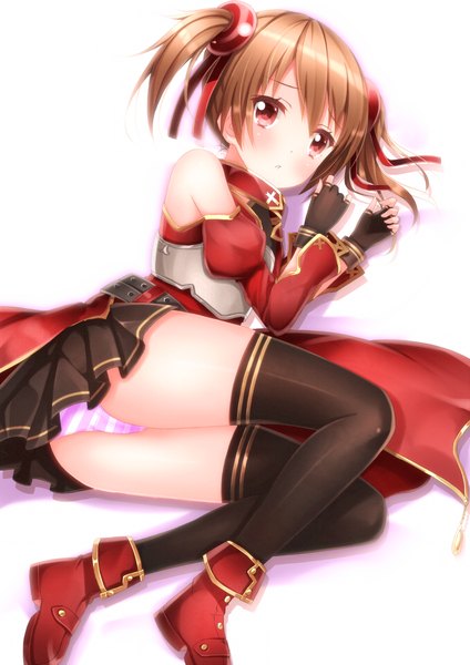 Anime picture 1018x1440 with sword art online a-1 pictures silica swordsouls single tall image blush short hair light erotic red eyes brown hair twintails bare shoulders pantyshot zettai ryouiki short twintails soft beauty girl thighhighs skirt