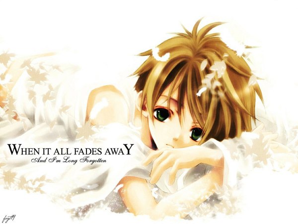 Anime picture 1152x864 with original azumi tooru single short hair brown hair green eyes inscription boy feather (feathers)