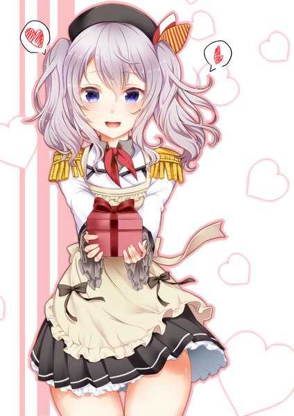 Anime picture 867x1227 with kantai collection kashima training cruiser mashiro aa single long hair tall image looking at viewer blush open mouth blue eyes twintails silver hair valentine girl skirt heart apron gift speech bubble epaulettes