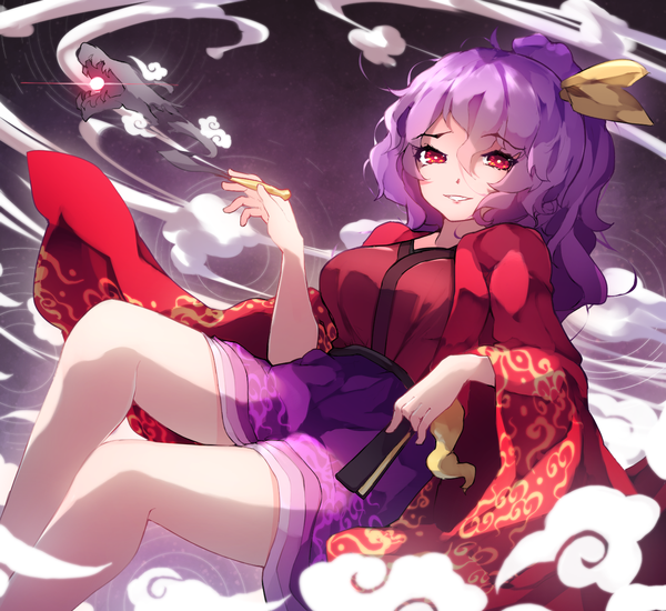 Anime picture 1345x1233 with touhou komakusa sannyo chiroru (cheese-roll) single long hair looking at viewer fringe smile hair between eyes red eyes purple hair ponytail traditional clothes japanese clothes grin smoke girl ribbon (ribbons) hair ribbon fan