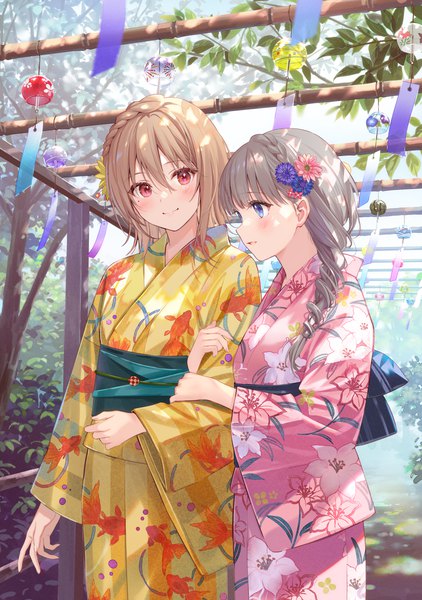 Anime picture 844x1200 with original fukahire (ruinon) long hair tall image blush short hair blue eyes blonde hair smile red eyes multiple girls outdoors traditional clothes japanese clothes grey hair floral print animal print fish print arm hug girl