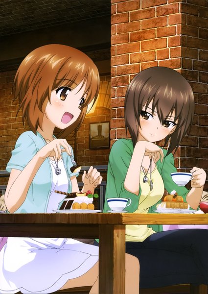 Anime picture 2893x4085 with girls und panzer nishizumi miho nishizumi maho tall image blush highres short hair open mouth brown hair multiple girls brown eyes looking away scan official art girl 2 girls sweets cup cake