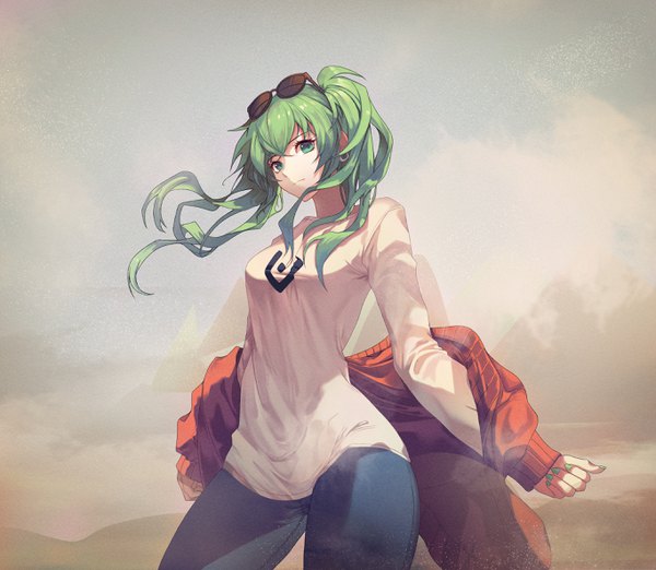 Anime picture 2728x2376 with vocaloid suna no wakusei (vocaloid) hatsune miku chicken (dalg-idalg) single long hair looking at viewer fringe highres hair between eyes standing green eyes outdoors nail polish green hair wind open jacket sunglasses on head green nail polish girl