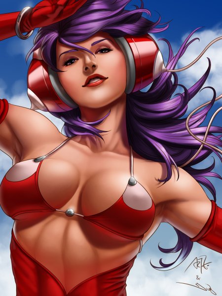 Anime picture 1875x2500 with original pepper project iury padilha single long hair tall image highres light erotic purple eyes sky purple hair cloud (clouds) light smile lips realistic armpit (armpits) lipstick coloring girl bracelet