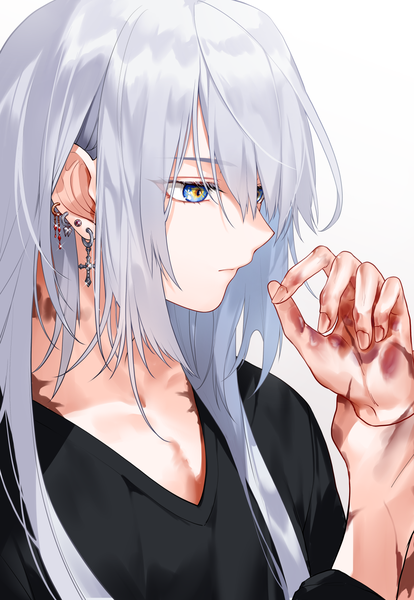 Anime picture 1200x1739 with original waka (shark waka) single long hair tall image fringe simple background hair between eyes white background looking away silver hair upper body long sleeves arms up piercing ear piercing scar androgynous