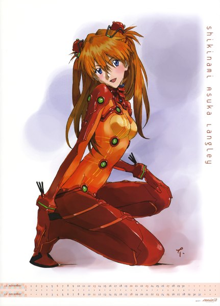 Anime picture 4942x6874 with neon genesis evangelion gainax soryu asuka langley tagme (artist) single long hair tall image highres open mouth blue eyes absurdres red hair scan orange hair calendar 2011 girl bodysuit pilot suit calendar