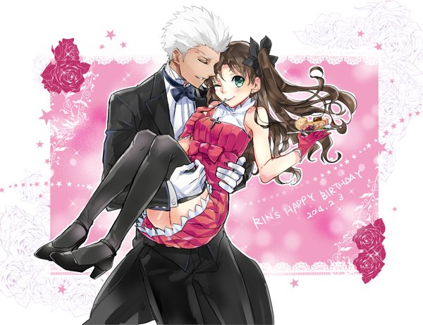 Anime picture 1612x1240 with fate (series) fate/stay night type-moon toosaka rin archer (fate) hosiko01 long hair short hair smile brown hair holding green eyes white hair eyes closed profile one eye closed wink sleeveless couple hug