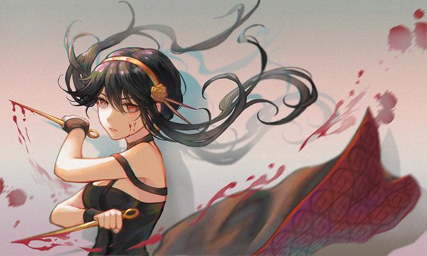 Anime picture 1200x720 with spy x family yor briar zel (o q) single long hair fringe black hair hair between eyes red eyes wide image looking away upper body shadow blood on face bloody weapon girl dress weapon black dress blood