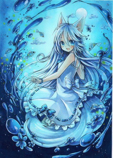 Anime picture 1075x1500 with original mosho single tall image looking at viewer blush open mouth blue eyes bare shoulders animal ears blue hair ahoge tail very long hair animal tail underwater traditional media watercolor (medium) girl dress