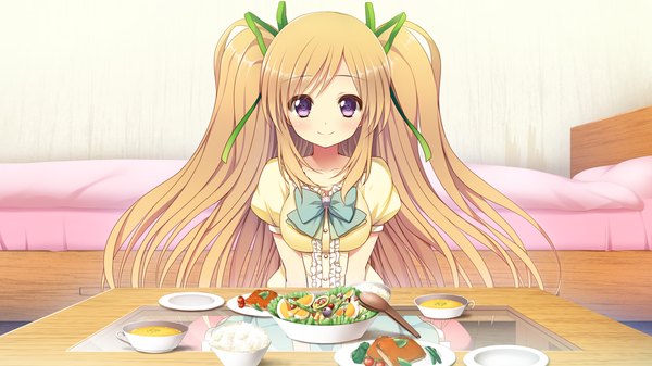 Anime picture 1280x720 with aisare roommate shidou aisha single long hair looking at viewer blush blonde hair smile wide image purple eyes game cg girl dress ribbon (ribbons) hair ribbon food