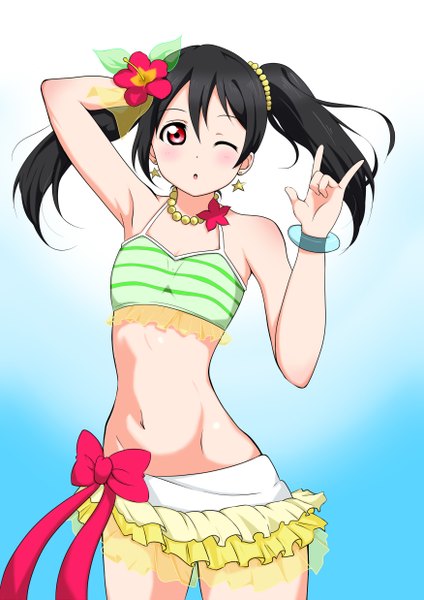 Anime-Bild 3500x4950 mit love live! school idol project sunrise (studio) love live! yazawa nico frolaytia single tall image looking at viewer blush highres open mouth light erotic black hair red eyes absurdres one eye closed hair flower wink midriff mmm