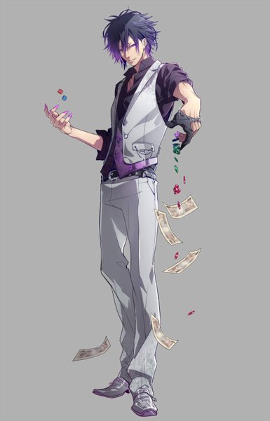 Anime picture 1000x1556 with original mocchiri oyaji single tall image short hair simple background standing purple eyes purple hair nail polish light smile grey background open clothes teeth fang (fangs) open shirt boy pants single glove claws