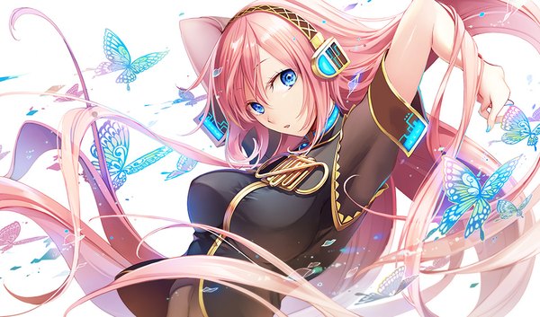 Anime picture 960x565 with vocaloid megurine luka maro (nikeneko523) single fringe breasts open mouth blue eyes hair between eyes wide image large breasts white background looking away pink hair upper body very long hair nail polish arms behind head blue nail polish girl