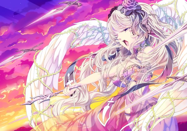 Anime picture 1363x963 with original yukiuta sahiro single long hair breasts open mouth purple eyes sky cloud (clouds) white hair profile girl dress weapon wings dagger