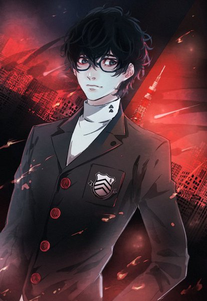 Anime picture 586x850 with persona 5 persona amamiya ren saito yukihiro single tall image fringe short hair black hair hair between eyes standing looking away upper body black eyes city cityscape pale skin curly hair logo boy