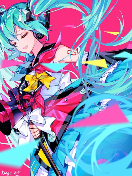 Anime picture 1536x2048 with vocaloid magical mirai (vocaloid) hatsune miku magical mirai miku magical mirai miku (2018) ringo no usagi (artist) single tall image fringe simple background hair between eyes eyes closed very long hair aqua hair pink background girl bow headphones megaphone