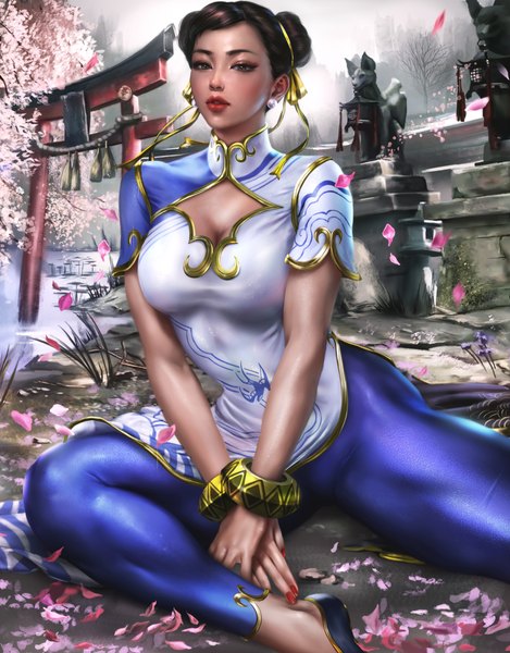Anime-Bild 3068x3925 mit street fighter street fighter 6 capcom chun-li logan cure single tall image looking at viewer blush highres short hair breasts light erotic brown hair large breasts sitting absurdres cleavage outdoors nail polish