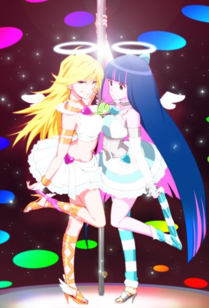 Anime picture 1200x1769 with panty & stocking with garterbelt anarchy stocking anarchy panty chuck (psg) nagian long hair tall image highres light erotic blonde hair smile multiple girls blue hair nail polish multicolored hair aqua eyes two-tone hair legs colored inner hair angel wings
