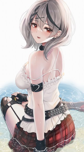 Anime picture 1374x2473 with virtual youtuber hololive sakamata chloe sakamata chloe (1st costume) yamikyon single tall image looking at viewer blush fringe short hair breasts open mouth simple background hair between eyes red eyes large breasts white background sitting bare shoulders