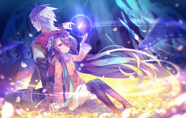Anime picture 1549x991 with no game no life madhouse shuvi (no game no life) riku (no game no life) fuchima fringe short hair hair between eyes red eyes sitting silver hair purple hair full body very long hair arm up gradient hair looking up back to back girl thighhighs