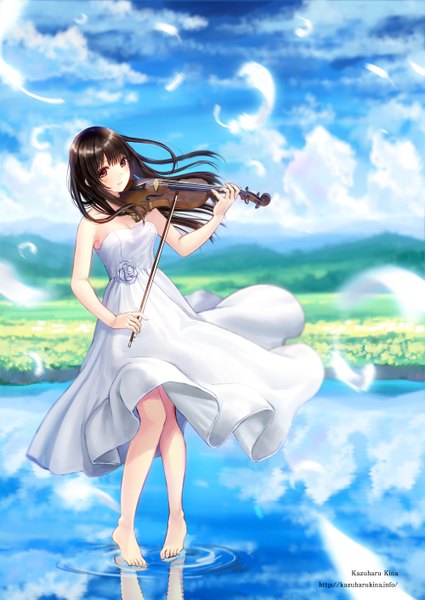 Anime picture 1000x1412 with original kazuharu kina single long hair tall image looking at viewer black hair brown eyes sky cloud (clouds) barefoot bare legs girl feather (feathers) sundress musical instrument violin bow (instrument)