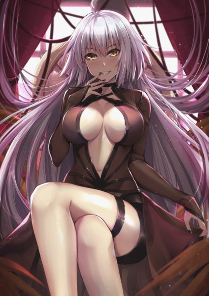 Anime-Bild 3507x4960 mit fate (series) fate/grand order jeanne d'arc (fate) (all) jeanne d'arc alter (fate) gu li single tall image looking at viewer blush fringe highres breasts light erotic smile hair between eyes large breasts sitting yellow eyes payot absurdres
