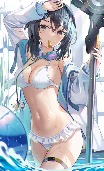 Anime picture 1841x3024 with arknights la pluma (arknights) la pluma (summer flowers) (arknights) f (milfaaaaa) single tall image fringe highres short hair breasts light erotic black hair hair between eyes large breasts standing bare shoulders holding looking away cleavage long sleeves