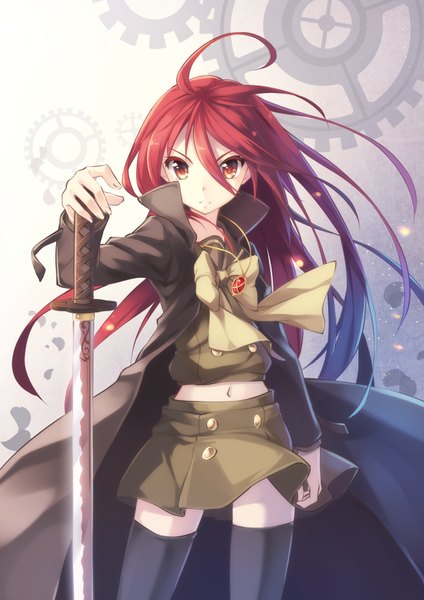 Anime picture 1240x1754 with shakugan no shana j.c. staff shana ame no uta (aria-rain) single long hair tall image looking at viewer red eyes red hair zettai ryouiki girl thighhighs uniform weapon black thighhighs sword serafuku katana pendant