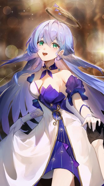 Anime picture 2160x3840 with honkai: star rail honkai (series) robin (honkai: star rail) k/a single long hair tall image looking at viewer fringe highres breasts open mouth light erotic smile hair between eyes large breasts standing bare shoulders green eyes cleavage