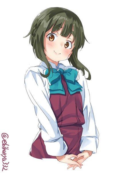 Anime picture 991x1400 with kantai collection takanami (kantai collection) ebifurya single tall image looking at viewer blush fringe short hair simple background smile white background brown eyes signed upper body head tilt green hair twitter username eyebrows girl