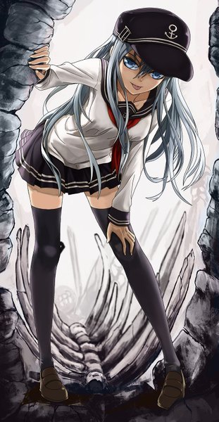 Anime picture 827x1595 with kantai collection hibiki destroyer tagme (artist) single long hair tall image looking at viewer blue eyes blue hair zettai ryouiki girl thighhighs skirt black thighhighs shoes tongue sailor suit flat cap anchor symbol