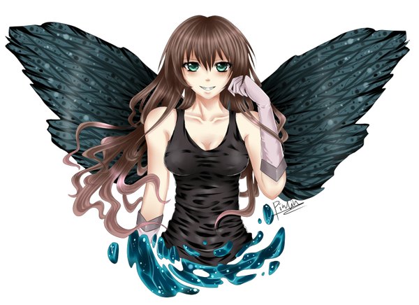 Anime picture 1559x1133 with original pinlin single long hair looking at viewer blush simple background smile brown hair white background green eyes signed bat wings girl gloves wings water elbow gloves