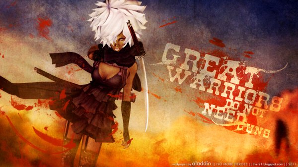 Anime picture 2560x1440 with no more heroes single looking at viewer fringe highres short hair blonde hair wide image white hair hair over one eye inscription wallpaper girl dress weapon sword katana fire