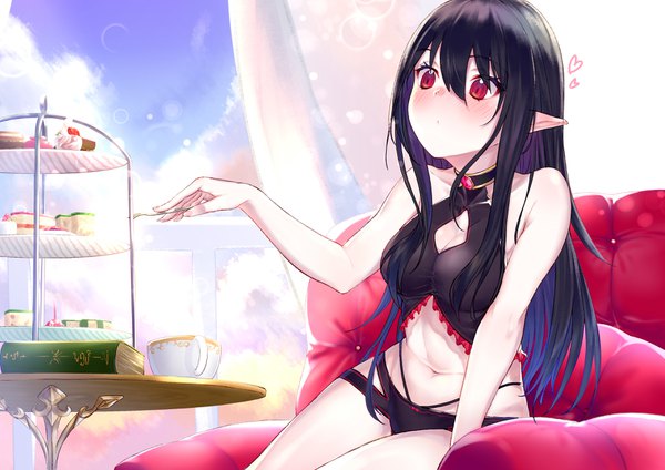 Anime picture 3541x2508 with original takubon single long hair blush fringe highres breasts light erotic black hair red eyes large breasts sitting bare shoulders holding payot looking away absurdres sky cleavage