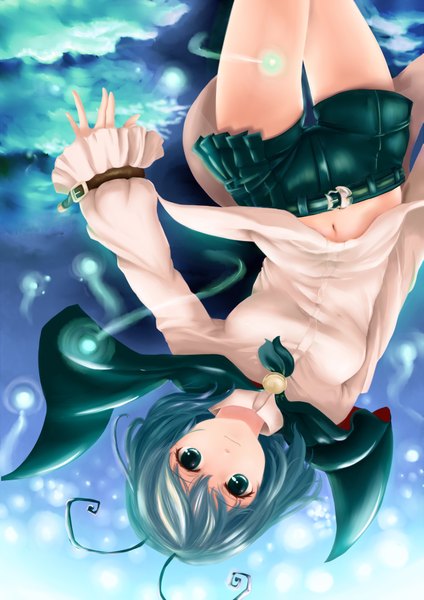 Anime picture 2893x4092 with touhou wriggle nightbug iltusa single tall image highres short hair blue eyes blue hair upside down girl navel shirt shorts