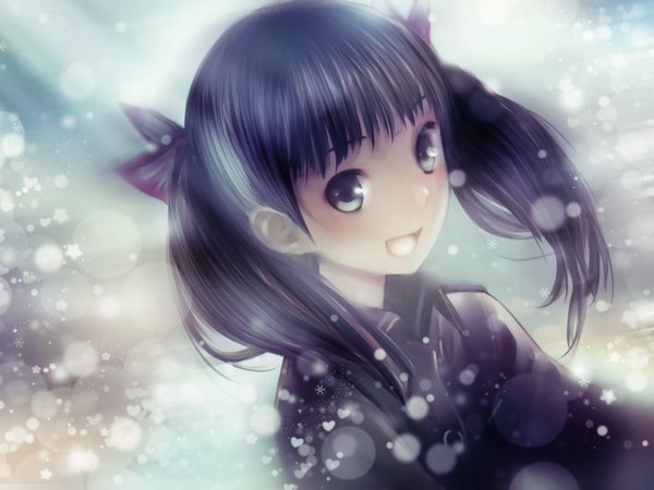 Anime picture 1600x1200 with sora no woto a-1 pictures suminoya kureha kishida mel katkooota single long hair looking at viewer open mouth black hair smile twintails grey eyes light snowing winter girl uniform bow hair bow