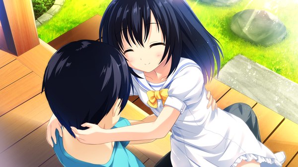 Anime picture 2560x1440 with cocoro@function! hayami asagao long hair highres short hair black hair smile wide image multiple girls game cg eyes closed girl dress 2 girls