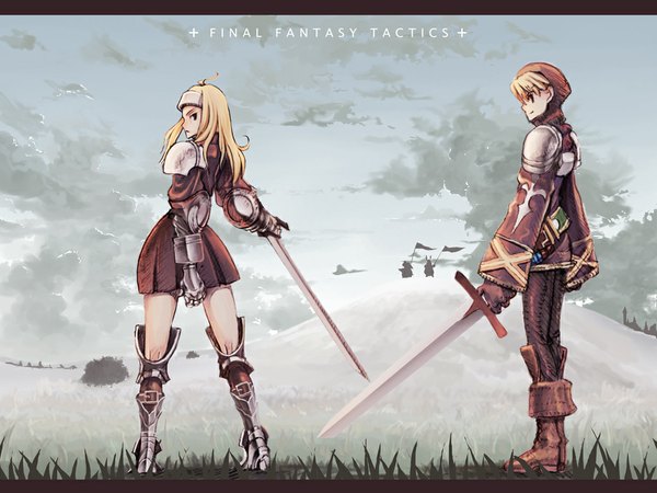 Anime picture 1024x768 with final fantasy final fantasy tactics square enix squire (fft) shu-tokutomi blonde hair skirt gloves sword boots armor