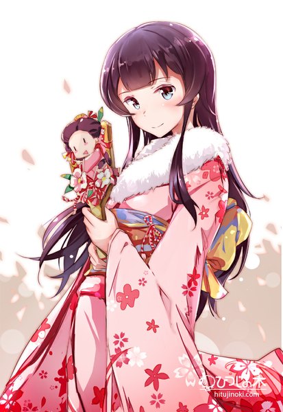 Anime picture 800x1162 with kantai collection fairy (kantai collection) agano light cruiser mousoup single long hair tall image looking at viewer blush fringe open mouth smile signed purple hair traditional clothes japanese clothes aqua eyes wind floral print new year