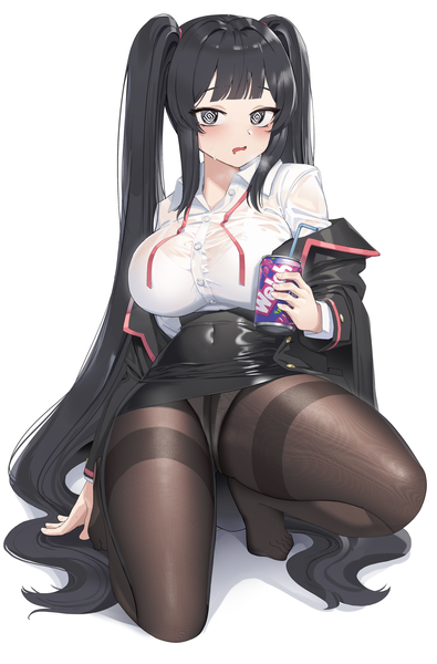 Anime picture 2800x4250 with original goback single tall image looking at viewer blush fringe highres breasts open mouth light erotic black hair simple background large breasts white background twintails holding payot full body blunt bangs