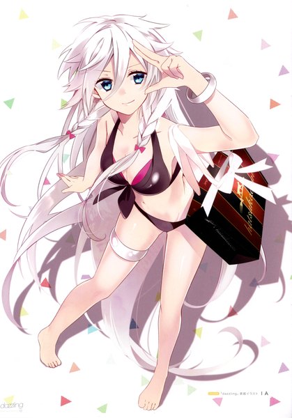 Anime picture 3000x4295 with vocaloid ia (vocaloid) hatsuko single long hair tall image looking at viewer highres blue eyes light erotic standing bare shoulders white hair braid (braids) shadow twin braids girl navel swimsuit bikini